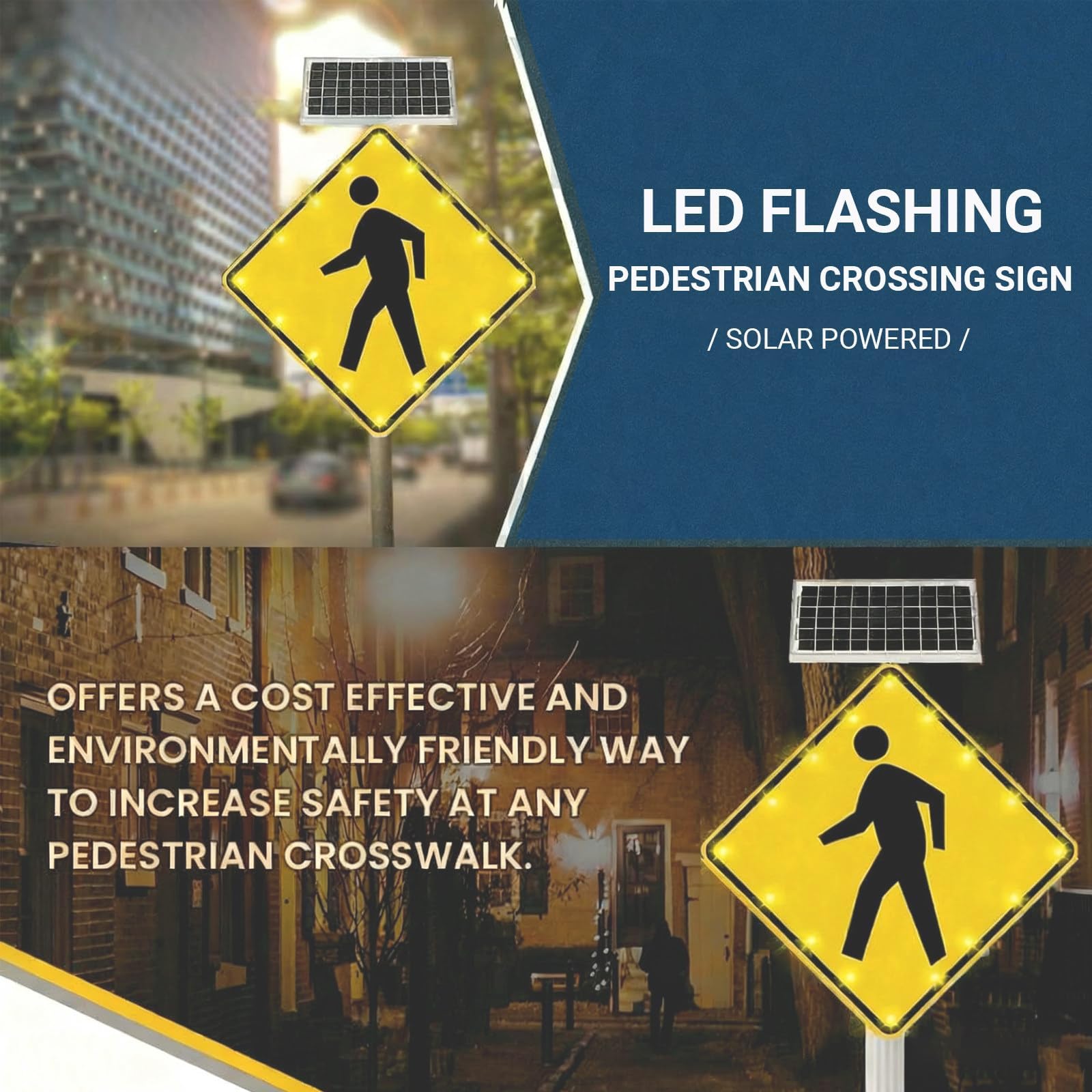 Señal de cruce de peatones alimentada por energía solar con LED de alto brillo para mejorar la visibilidad de la calle y la seguridad del tráfico
