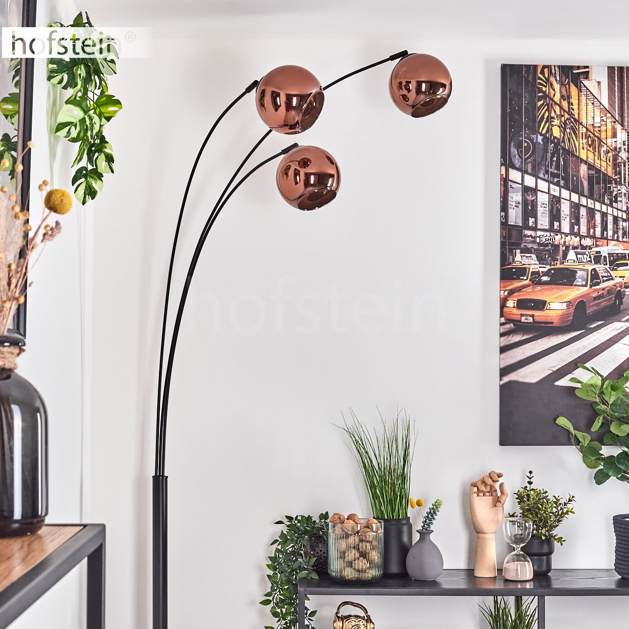 Stehleuchte Koyoto, Stehlampe aus Metall/Glas in Schwarz/Kupferfarben, Leuchte im modernen Retro/Vintage-Design mit Schirmen aus Glas (Ø 15 cm) u. Fußschalter, Höhe 210 cm, 3 x E14, ohne Leuchtmittel