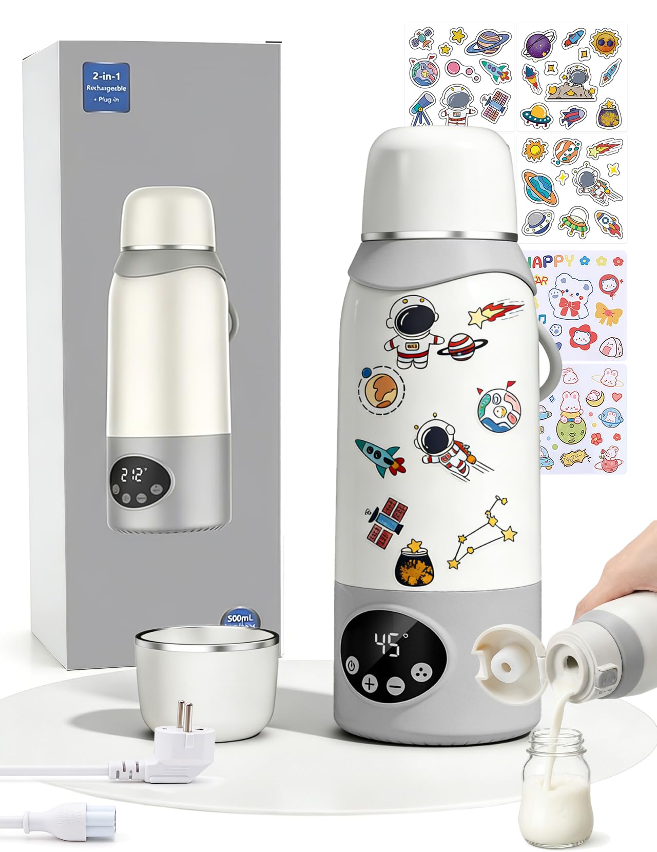 Calentador de biberones portátil para bebés de viaje, calentador de biberones de 500 ml, calentamiento rápido de 320 W, soporta 37 – 100 ℃, 8 pegatinas de dibujos animados, batería de 12000 mAh, con