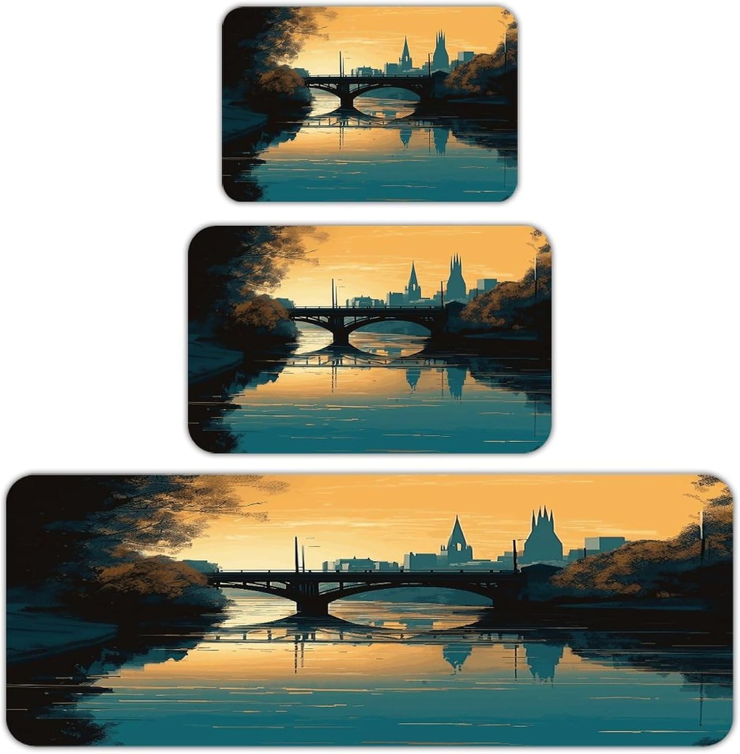 Hand Drawn Buildings Kitchen Rugs Set of 3 Non Slip Washable Kitchen Mats for Floor Soft Area Rug Kitchen Floor Mat Cushioned Anti Fatigue Mats Standing Sink Mat Decor Runner Rugs