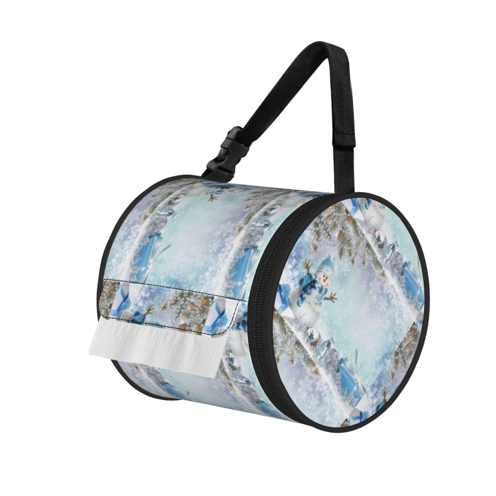 Jiuty Black Cute Snowman Print Cylinder Tissue Organizer Bag With Strap, Portable Toilet Roll Holder For Camping Car