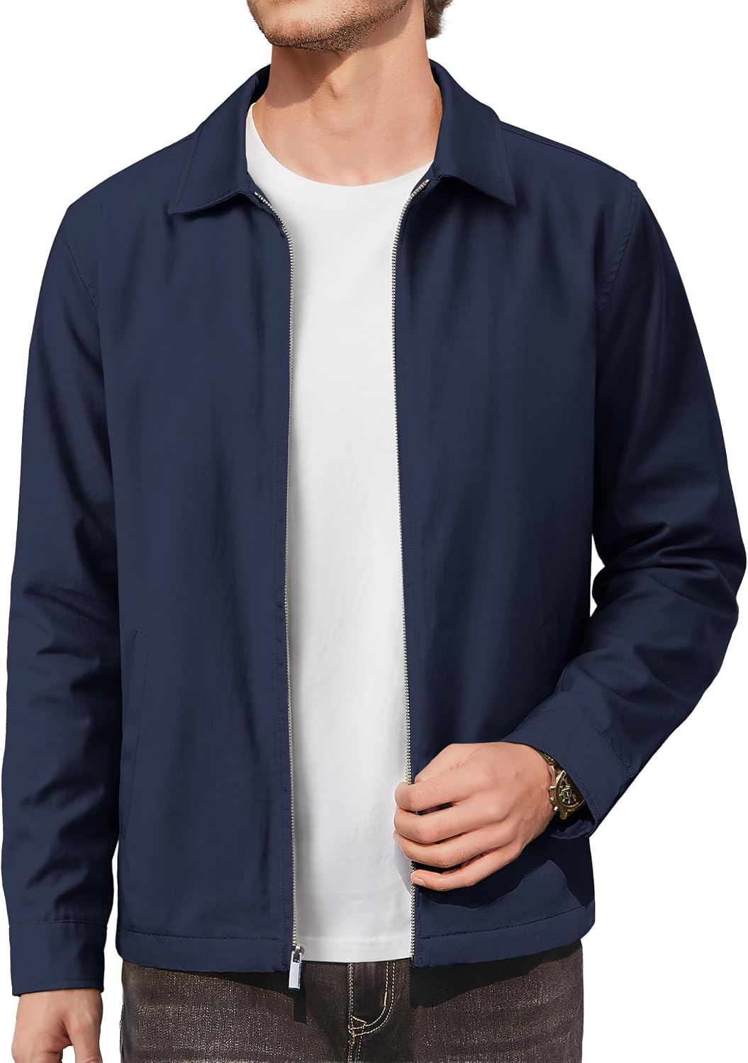 Cotrasen Men's Lightweight Jackets Cotton Windbreaker Jacket Casual Coat Laydown Collar Full Zip Up with 3 Pockets