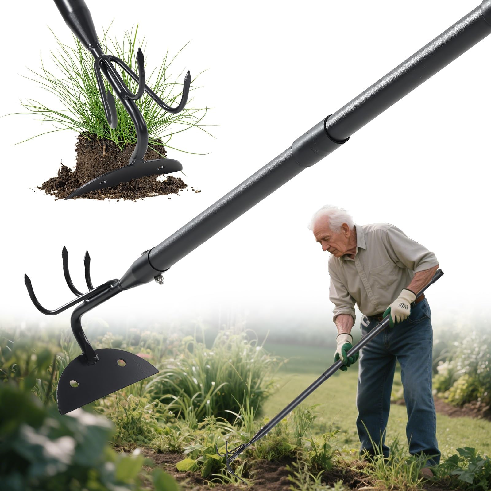 Gartenharken Grabegabel 150 cm Verstellbare Langstiel-Unkrauthacke - Schwere Beethacke Gartenwerkzeuge zum Jäten & Auflockern von Erde für Garten, Rasen und Yardarbeit