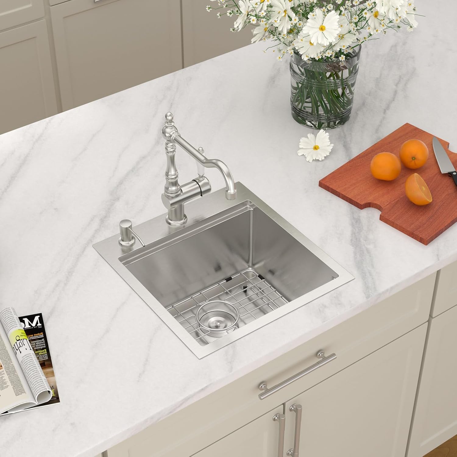 Dcolora Drop In Bar Sink 17x18x9 Inches, Workstation with Accessories, Brushed 304 Stainless Steel, Heavy Duty 16 Gauce, Small Single Bowl Perfect for Small Kitchen, Bar, Kitchen Island #DC-TW258003