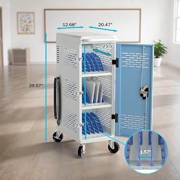 Fully Assembled 18-Device Charging Cart for Chromebook - Locking Laptop Cabinet with Cable Management, Cord Organization, Power Strip - Locks and Stores Tablets up to 14'' and 1.4'' Thick (Gray)