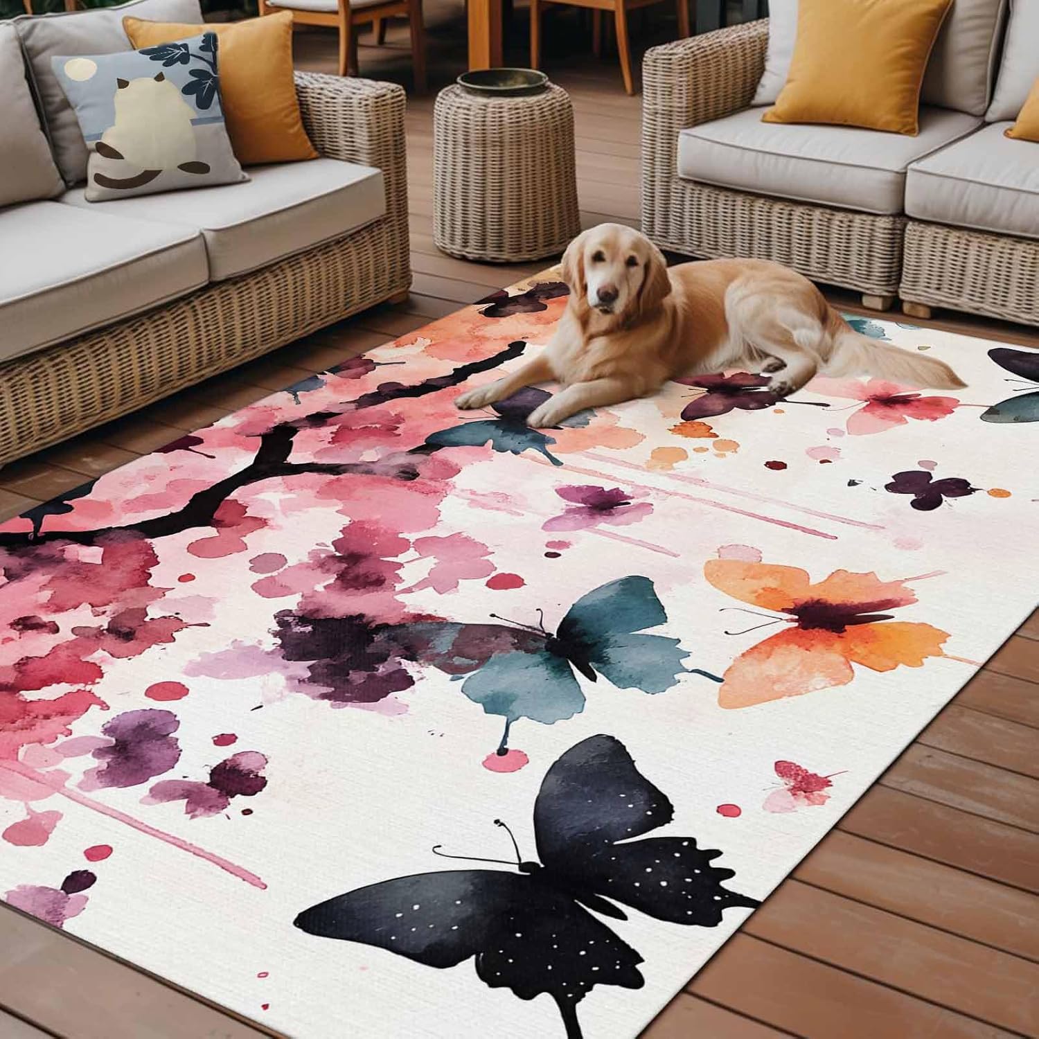 Outdoor Rug 4x6 ft Black Red Blue Butterfly Outdoor Large Area Rug Non Slip Rubber Watercolor Flowers Front Door Mat RV Rug Camping Carpet Patio Outdoor Rugs for Backyard Balcony Deck Porch Indoor