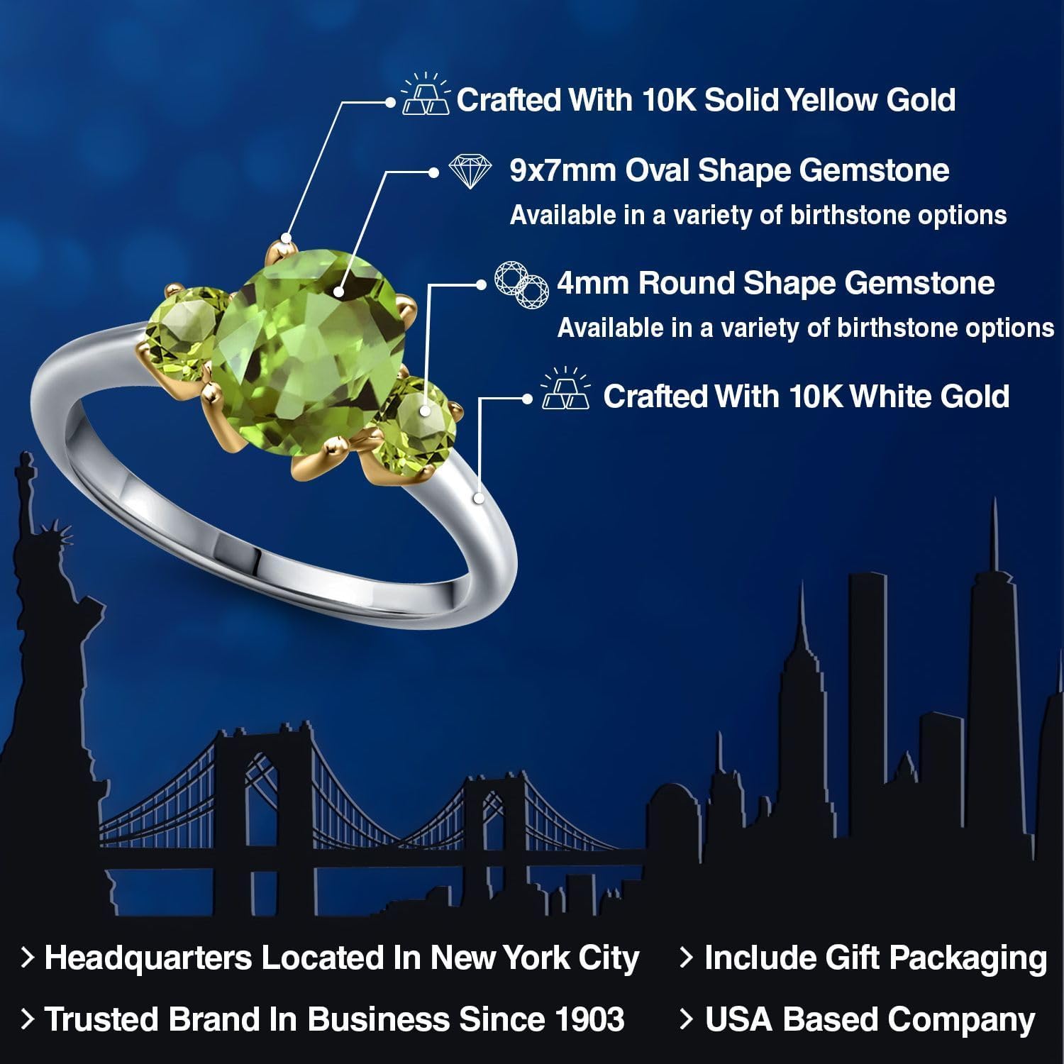Gem Stone King 10K 2 Tone Gold Green Peridot 3-Stone Engagement Ring For Women | 2.70 Cttw | Oval 9X7MM | Gemstone August Birthstone - Image 2