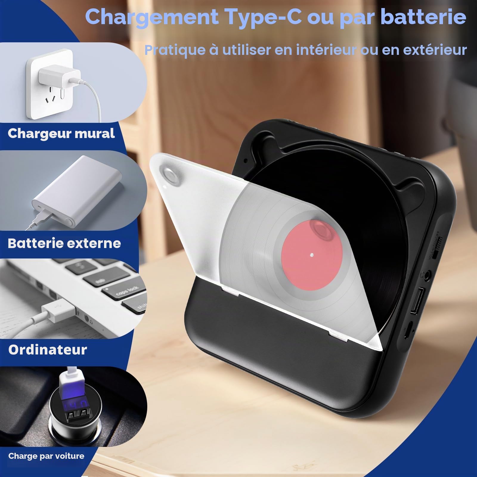 Lecteur CD Portable avec Bluetooth 5.3 - Lecteur CD Enfant avec Batterie 2000mAh Rechargeable, USB, MP3, Prise Casque - Haut-Parleur Intégré - pour Voiture, Voyage et Chambre d'enfant