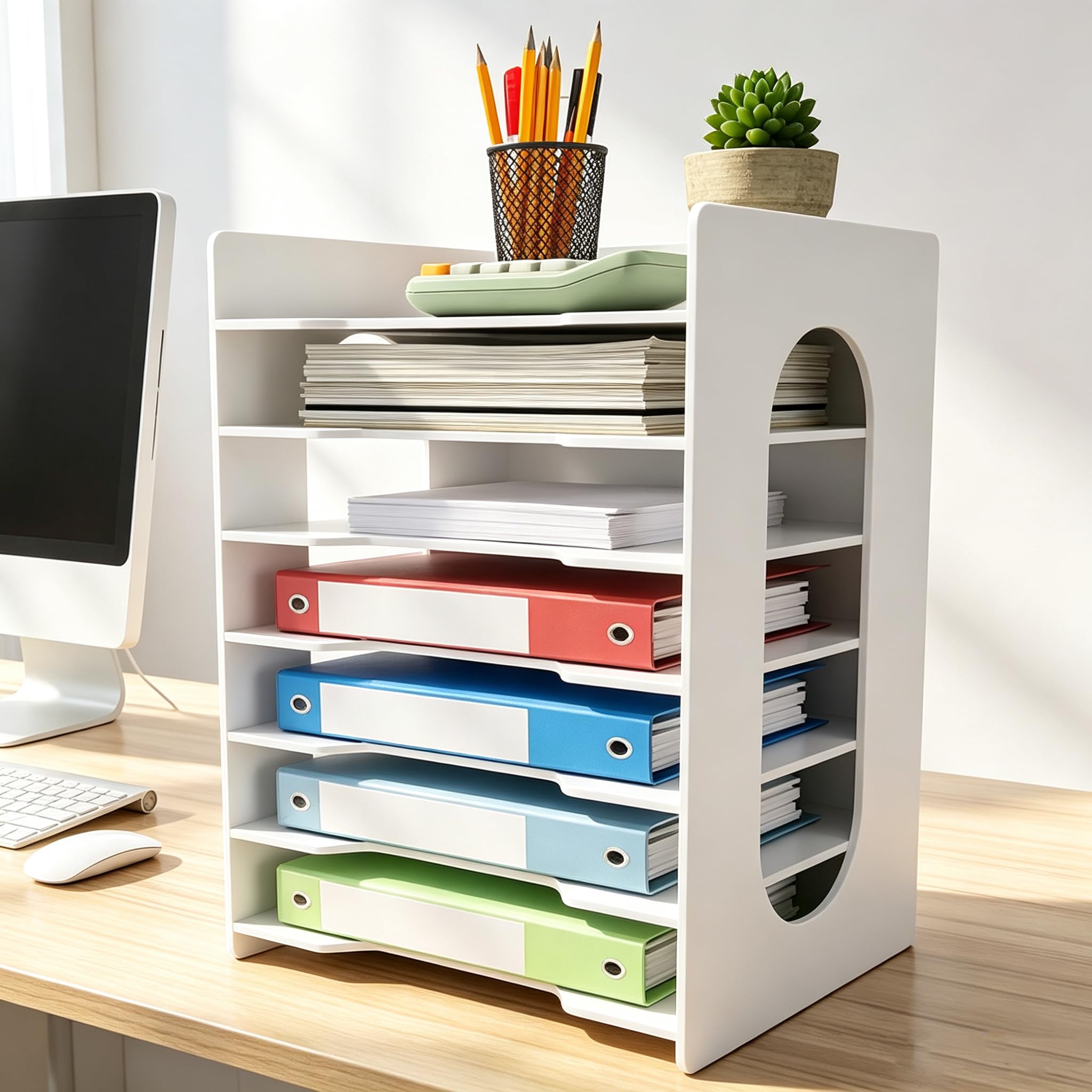 Briefablage mit 7 Ebenen, Büro-Ablage, Briefablage aus Holz, 4 Papierablagen, Dokumentenregal mit Stifthalter für Zuhause, Büro, Schule, Klassenzimmer (weiß)