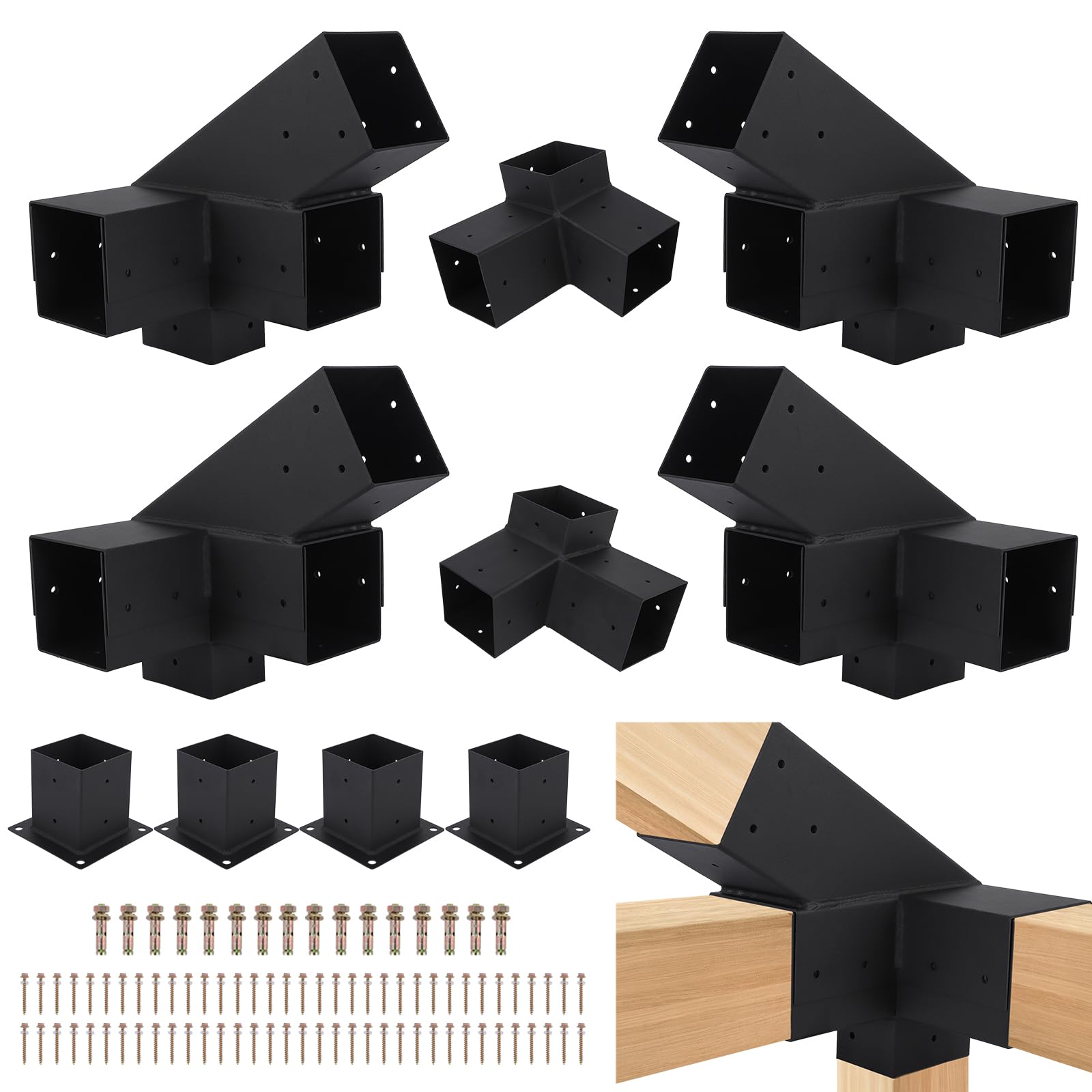 Pergola Brackets 4" x 4", 2 Pack Oblique 3-Way Angle Corner Brackets, 4 Pack Post Pergola Brackets, 4 Pack Oblique 4-Way Pergola Brackets, Powder Coated Pergola Hardware for Lumber Pergola Gazebo