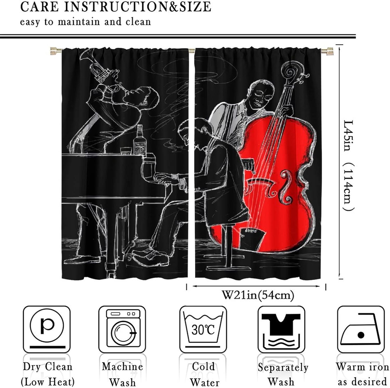Jazz Music Blackout Curtains,Jazz Band Music Art Theme Window Treatments for Bedroom Living Room Studio Music Room Window Drapes 2 Panel Set,Total Size 42 x 45 Inch