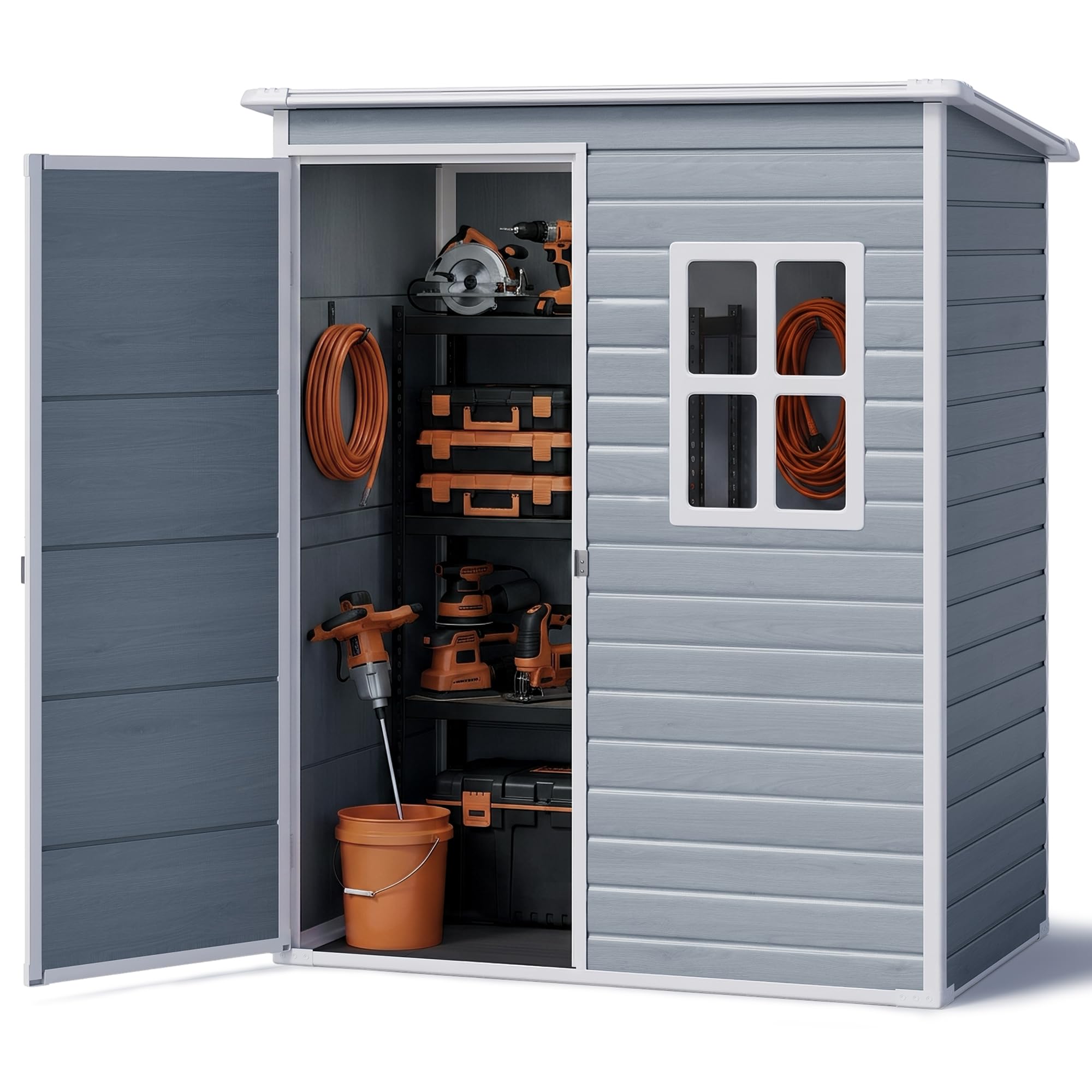 Casetta da Giardino in Resina,Capanno Porta Attrezzi Intemperie con 1 finestra, 1 porta 156×104×186 cm,Grigio