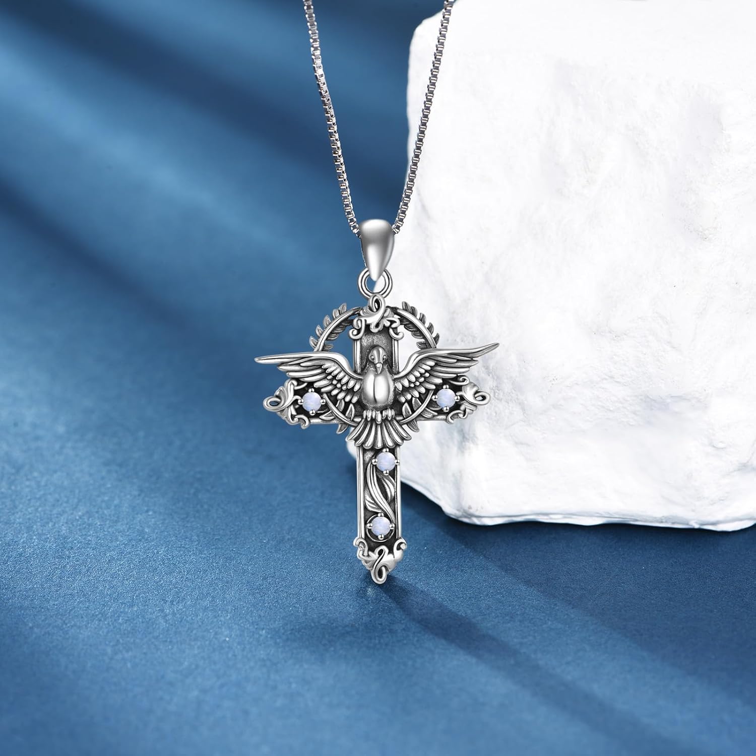 Dove of Peace Necklace, 925 Sterling Silver Natural Moonstone and Cross Pendant, Religious Spiritual Jewelry Gift for Women - Image 2