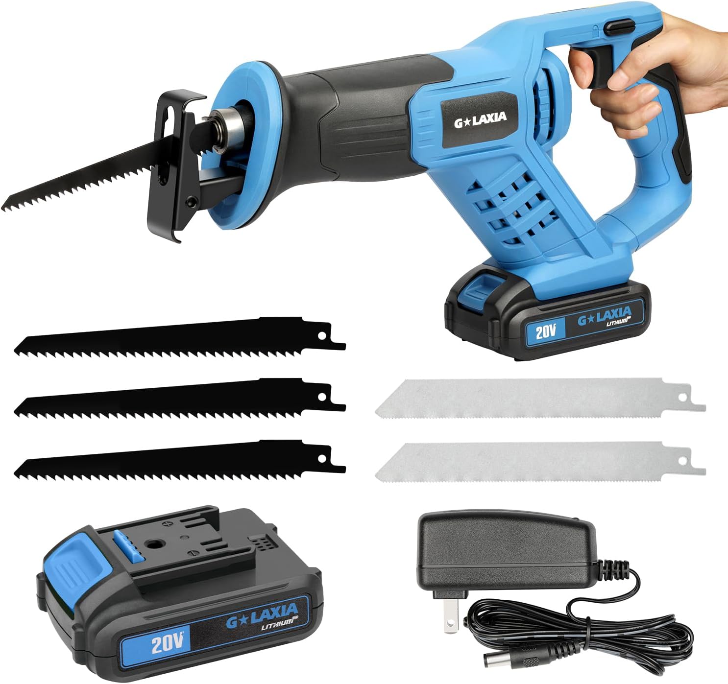 Reciprocating Saw Cordless, 20V Reciprocating Saw with 2.0Ah Battery and Fast Charger, 0-3000RPM, Tool-Free Blade Change, 5Pcs Blades for Wood, Soft Metal, PVC Pipe Cutting