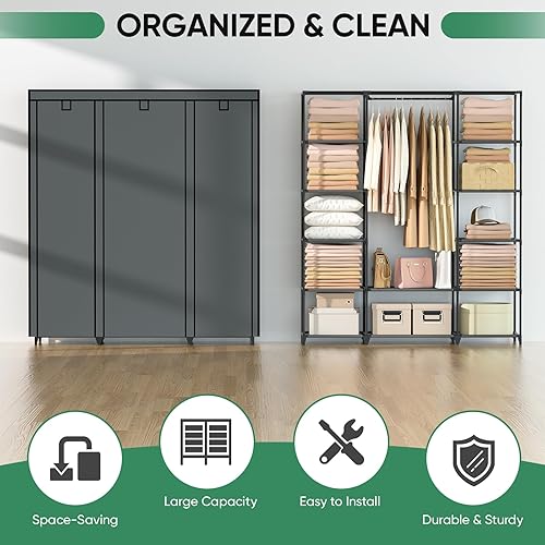 Miniatura 5 de BALEINE Armario, armario portátil para dormitorio, organizador de almacenamiento de ropa con 12 compartimentos de 55 x 16 x 65 pulgadas, armario de