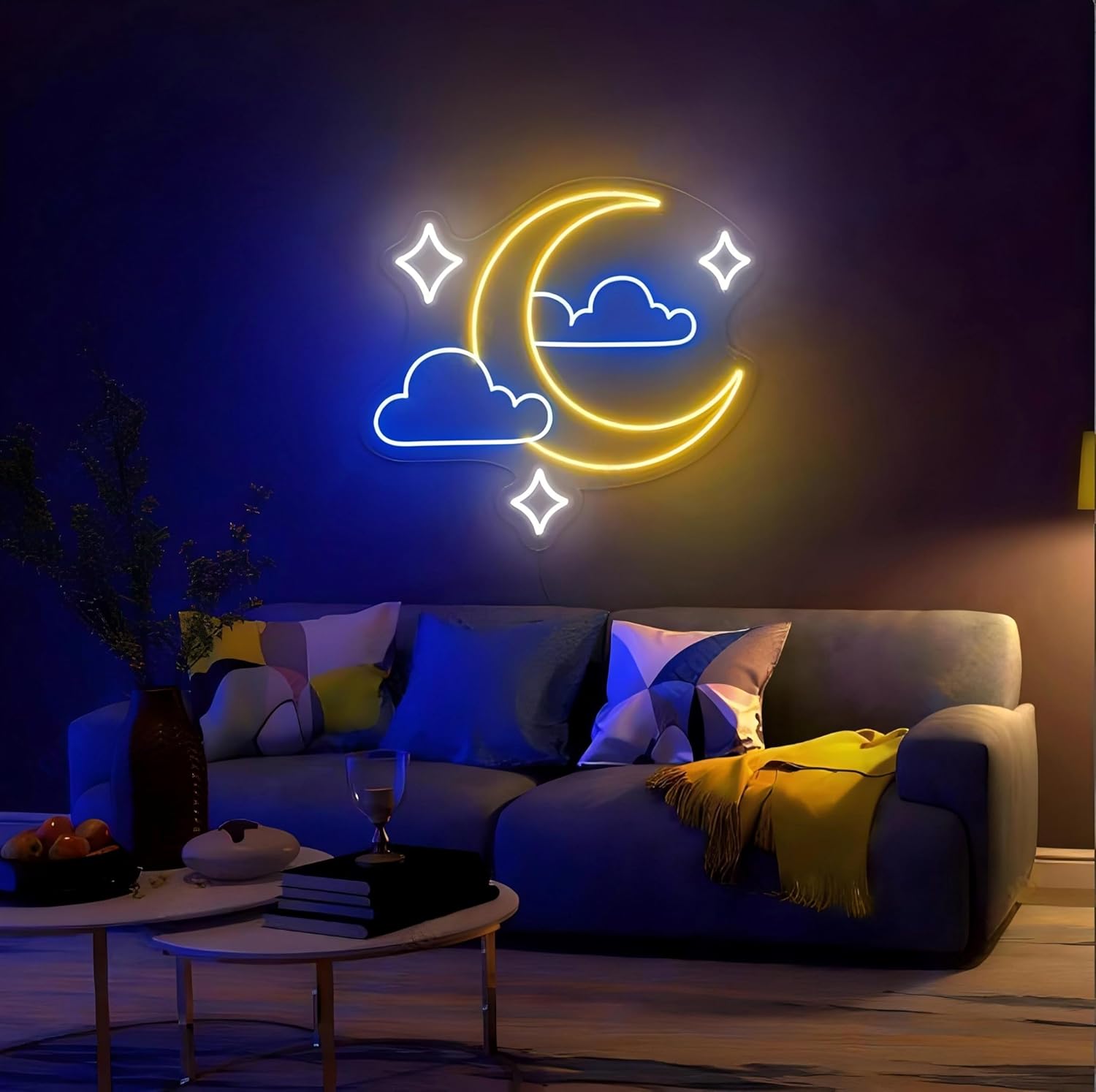 Moon Star Cloud Neon Sign - Moon Star Cloud LED Light for Kids, Teens, Baby Bedroom, Game Room Wall Decor - Dimmeable Premium USB Powered Neon Night Light with On/Off Switch - 14x13-Inch