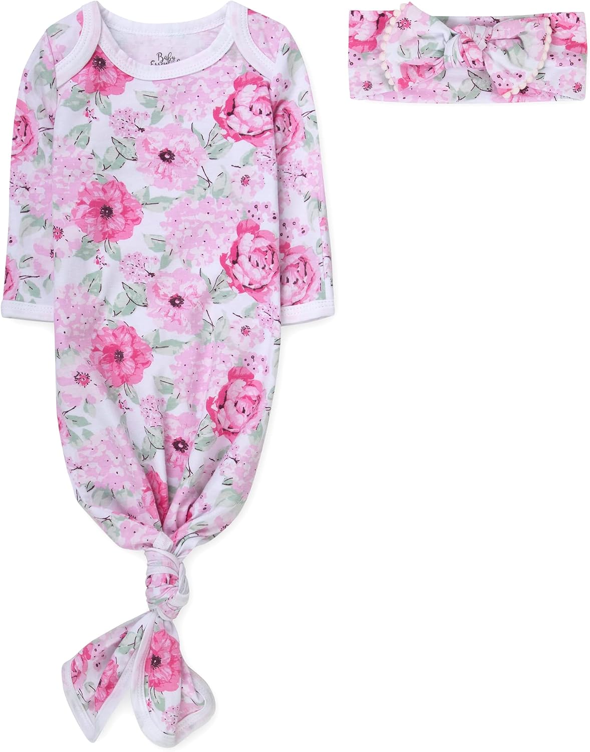 Baby Essentials Knotted Sleeper Gown with Hat or Headband – Newborn Coming Home Outfit for Boys & Girls, Fall/Winter (0-6M)