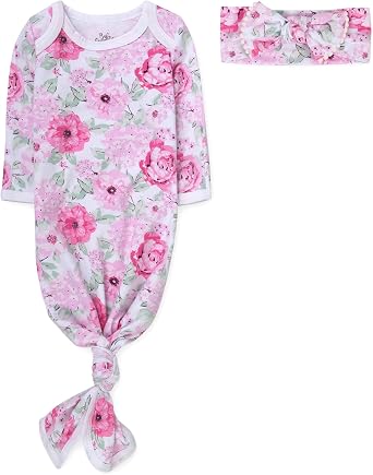 Baby Essentials Knotted Sleeper Gown with Hat or Headband Newborn Coming Home Outfit for Boys & Girls, Fall/Winter 0-6M