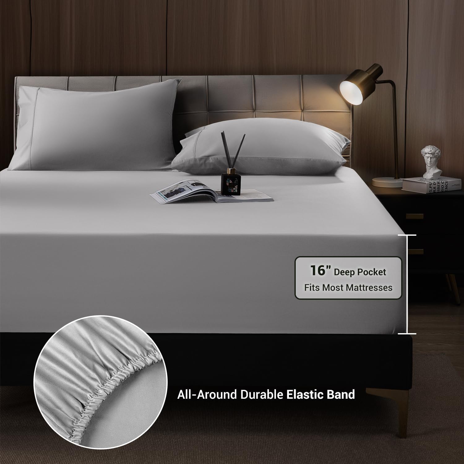 Shilucheng 4 Piece Queen Sheet Sets, Cooling Sheets, Blend Rayon Derived from Bamboo, Deep Pocket Up to 16", Breathable & Soft Bed Sheets, Hotel Silky Bedding Set, Grey - Image 6