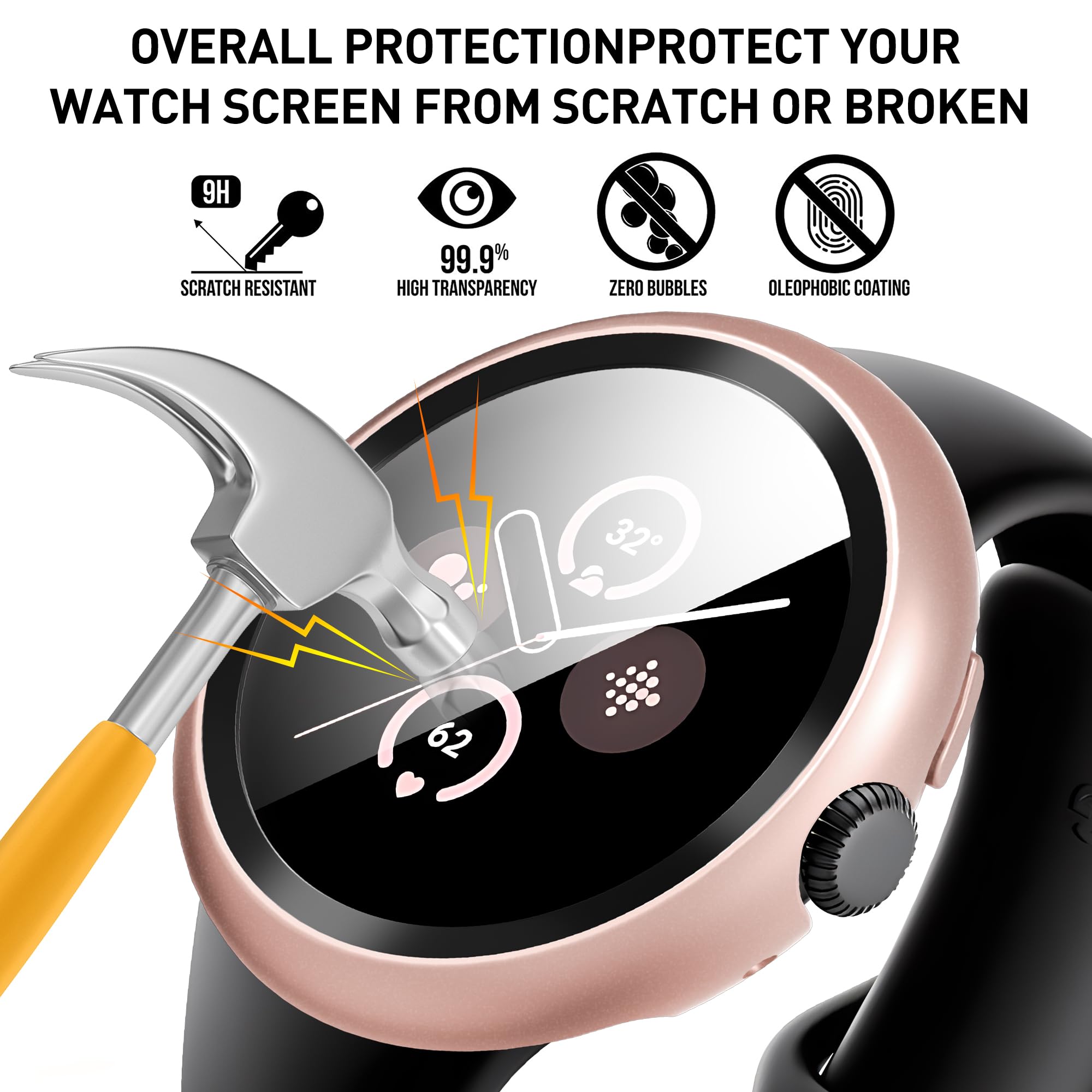 Diruite 3-Pack Screen Protector for Google Pixel Watch 3/2/1 41mm Tempered Glass Case All Around Hard PC Protective Cover,Black&Rose Gold&Transparent - Image 3