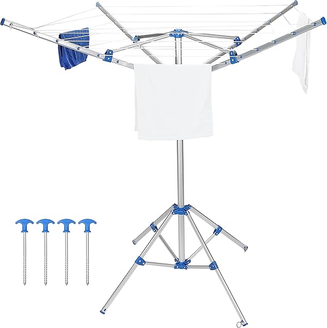 HomRush Rotary Airer Free Standing Portable Washing Lines - Folding 4 Arm & Legs Lightweight Umbrella Dryer Clothes Line for Indoor Outdoor Natural Cloth Drying