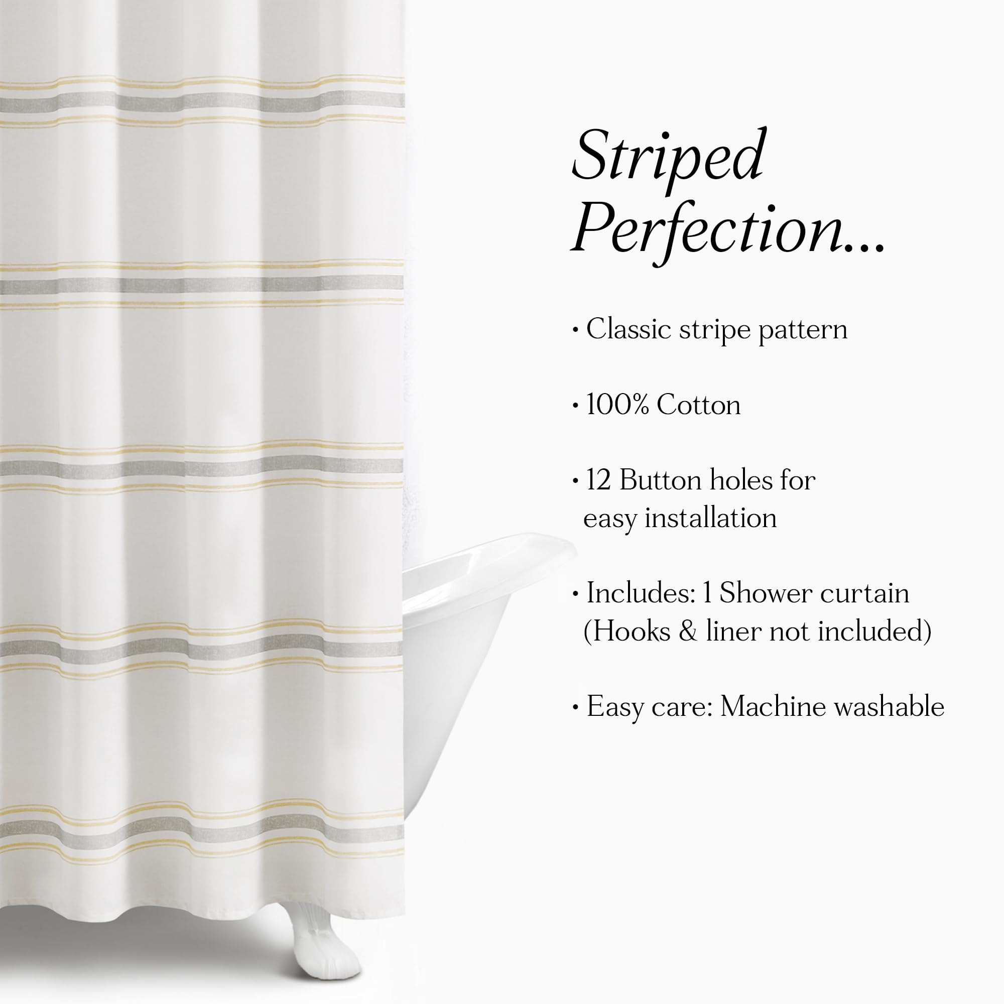 Lush Decor Tenda Da Doccia In Cotone A Righe Grigie E Gialle - 180x180 Cm - Stile Fattoria Moderno Con 12 Fori, Lavabile