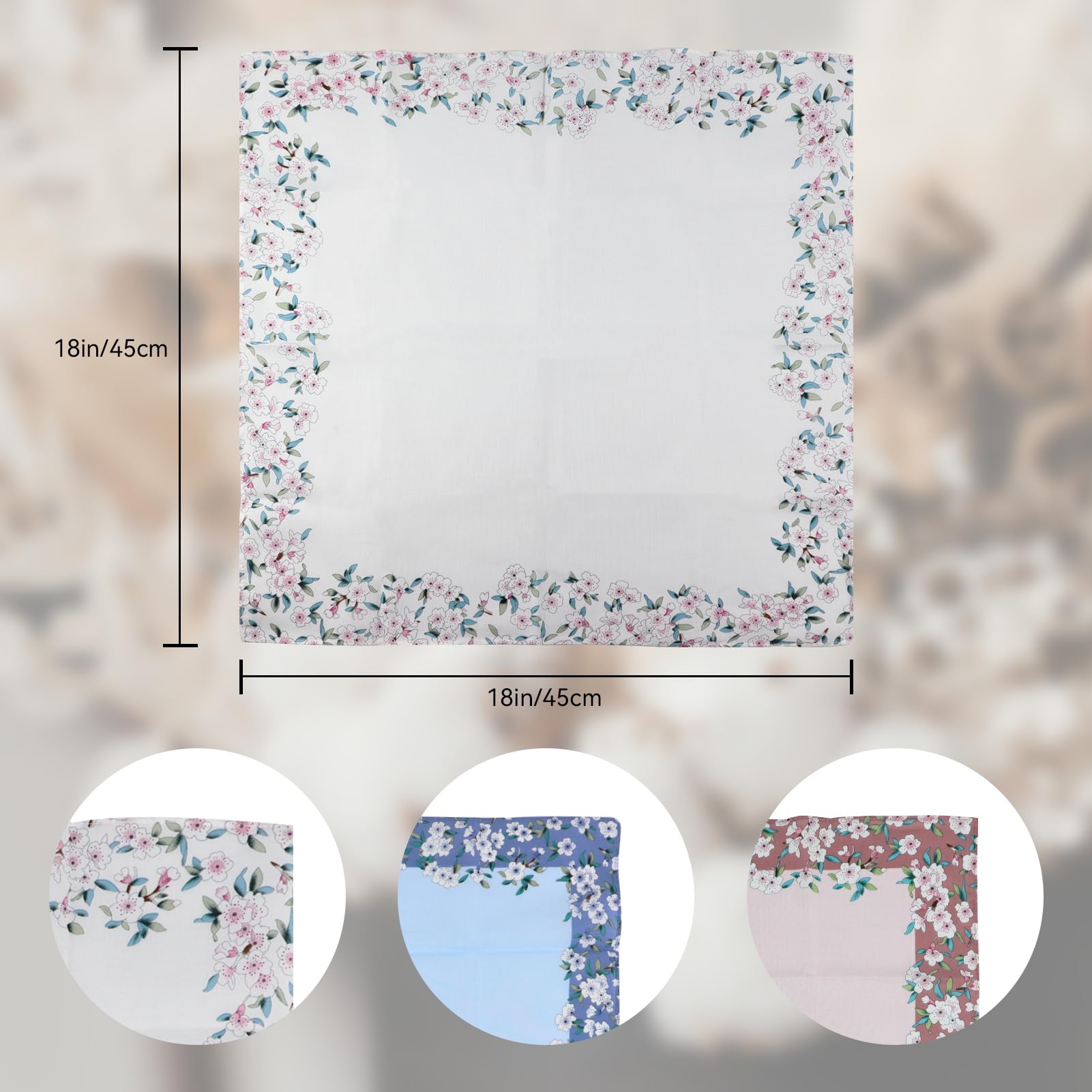 Chusteczka damska bawełna pranie w pralce - 45 x 45 cm chusteczki dla kobiet miękka bawełna, 100% 60S bawełniane chusteczki damskie, damskie chusteczki bawełniane, kwiatowy nadruk rękawiczki dla kobiet 6 szt, wielobarwny, L
