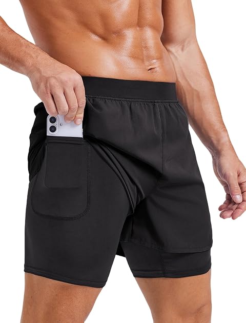 PINSPARK Pantalones Cortos Deportivos 2 en 1 para Hombre diseño Transpirable con Forro de compresión y Bolsillos