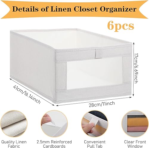 Miniatura 2 de Paquete de 6 organizadores plegables de lino para armario, contenedores de almacenamiento transparentes para ropa, toallas, libros, estantes, beige