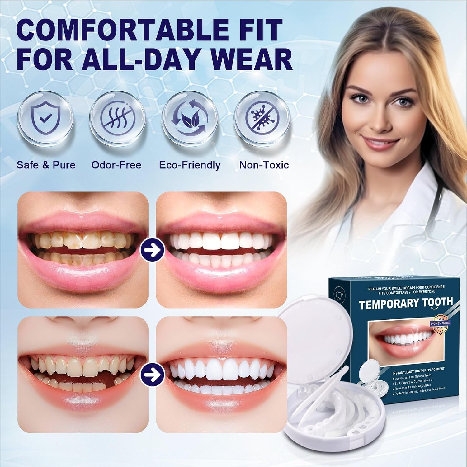 Temporary Snap-On Veneers for Adults – Confident Smile Makeover with Reusable Cosmetic Teeth Covers – Comfort-Fit, Non-Medical Smile Enhancer for Men and Women