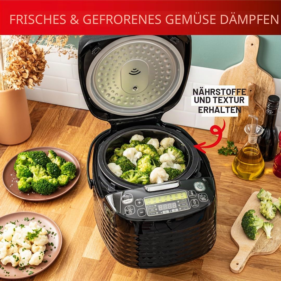 Tefal SpheriCook RK745840 16-in-1 Multicooker, Slow Cooker, Reiskocher, Dampfgarer, Warmhalten, Bräunen, spülmaschinenfeste Schüssel, 16 Programme, 5 Liter, schwarz, 750 Watt, RK745840