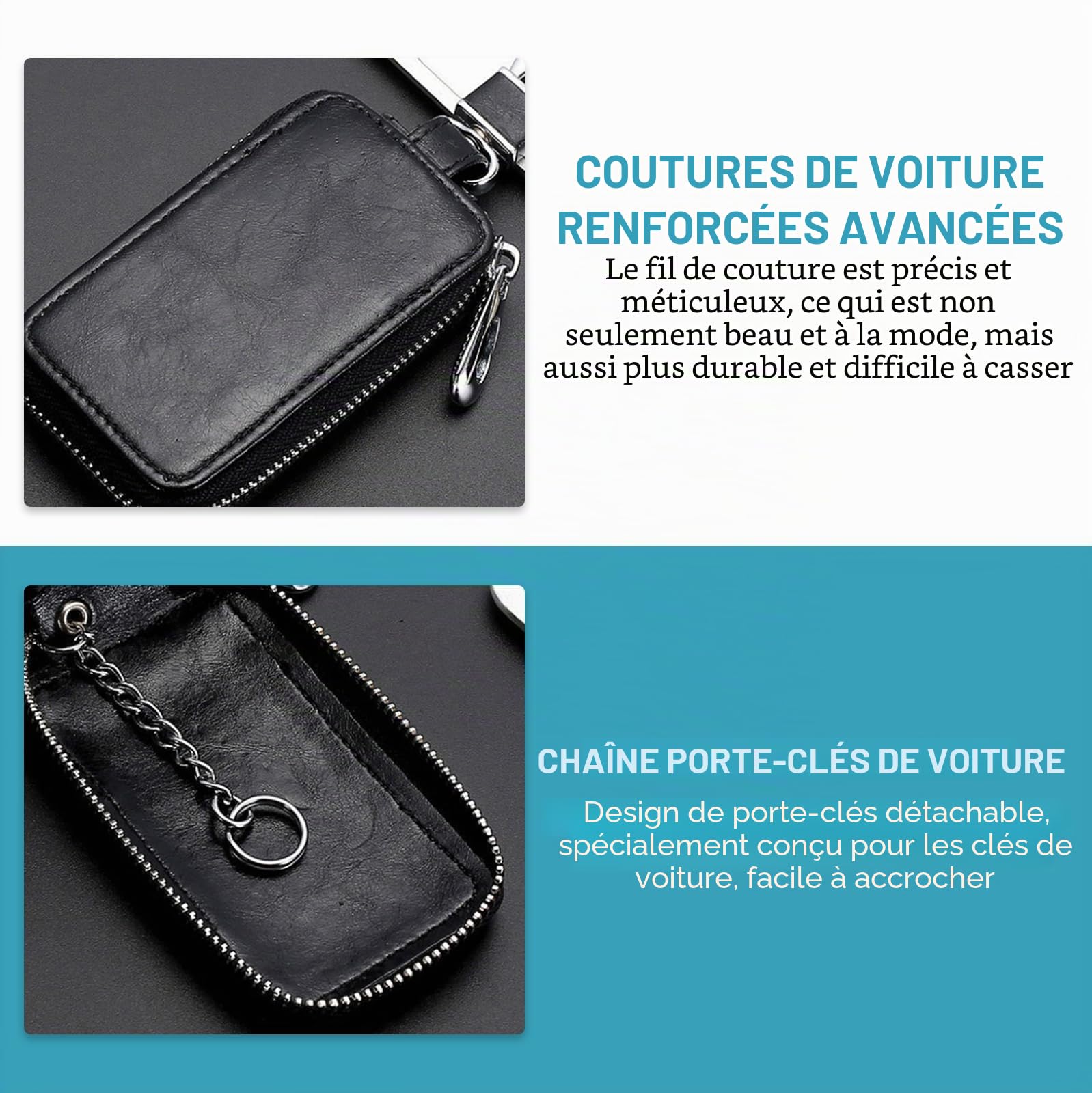 Lot de 2 étuis à clés de voiture : étui à clés vintage en cuir avec fermeture éclair et mousqueton, housse de protection pour porte-clés, étui universel portable (noir, bleu roi)