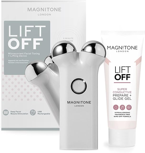 MAGNITONE Lift Off Microcurrent Facial Toning Device, Pink, USB Rechargeable, with Prepare + Glide Superconductive Gel 60ml At home face lift (Grey)