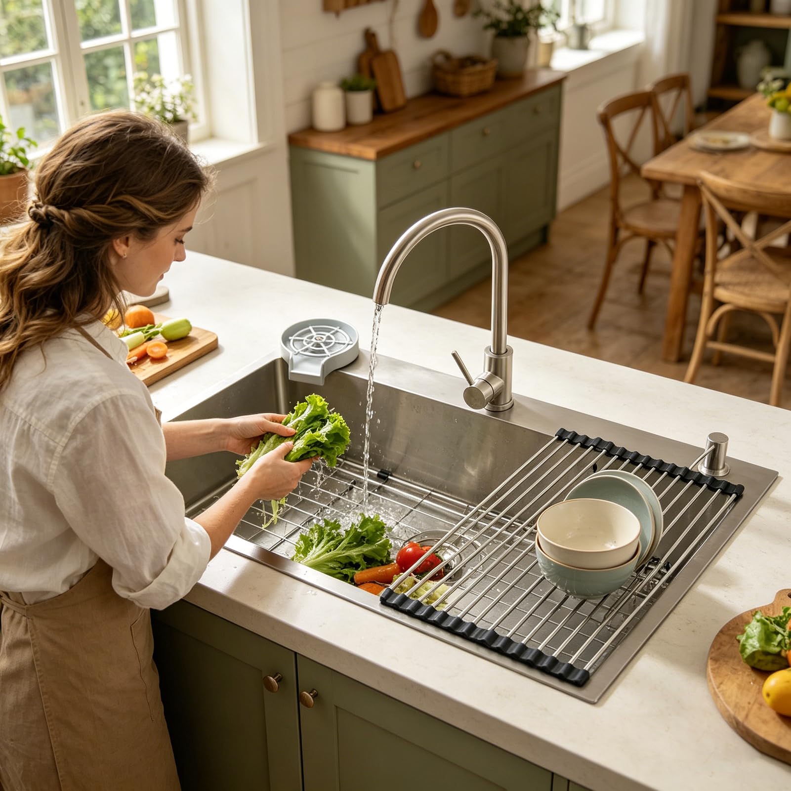 Fregadero Cocina 70x50cm, Fregadero Grande Cocina 1 Seno, Fregadero Cocina en Acero Inoxidable 304, Con Grifo de Cocina, Filtro de Drenaje, Ifón, Rebosadero y Residuos, Kitchen Sink