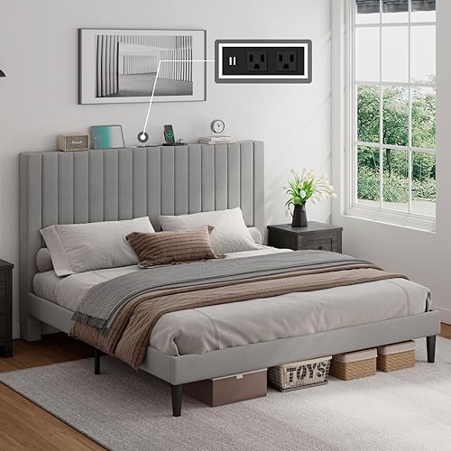 Miniatura 16 de Base de cama tamaño Queen con cabecera tapizada de terciopelo con estación de carga, soporte de listones de madera, base de colchón, somier