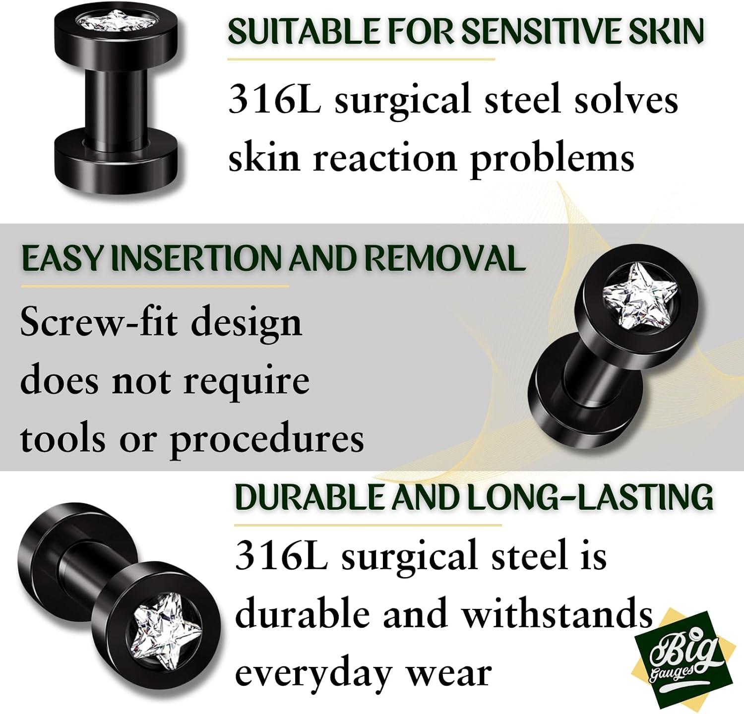 Pair of Screw Black Anodized Clear Crystal Piercing Jewelry Ear Stretching Lobe Plug Tunnel Earring