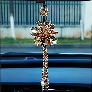 Car Rear View Mirror Pendant, Bling Crystal Hanging Ornament, Fashion Car Accessories, Auto Rear View Mirror Hanging Decoration, Lucky Crystal Flower Interior Home Decoration (Gold)