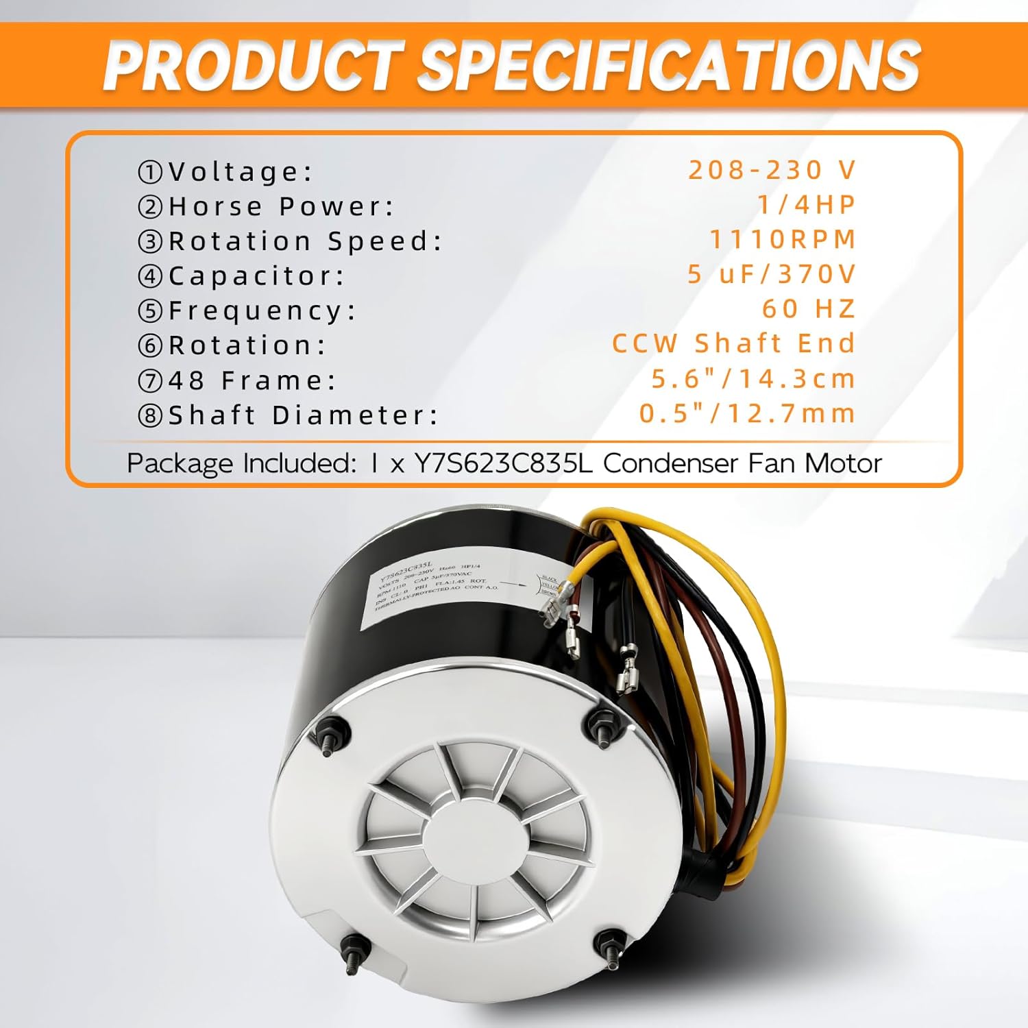 Y7S623C835L Condenser Fan Motor 1/4 HP 208-230V 1110 RPM Compatible with Zhongshan Broad-Ocean Fit for Carrier Replace HC39GE226 HC39CQ230 5KCP39FGY563S