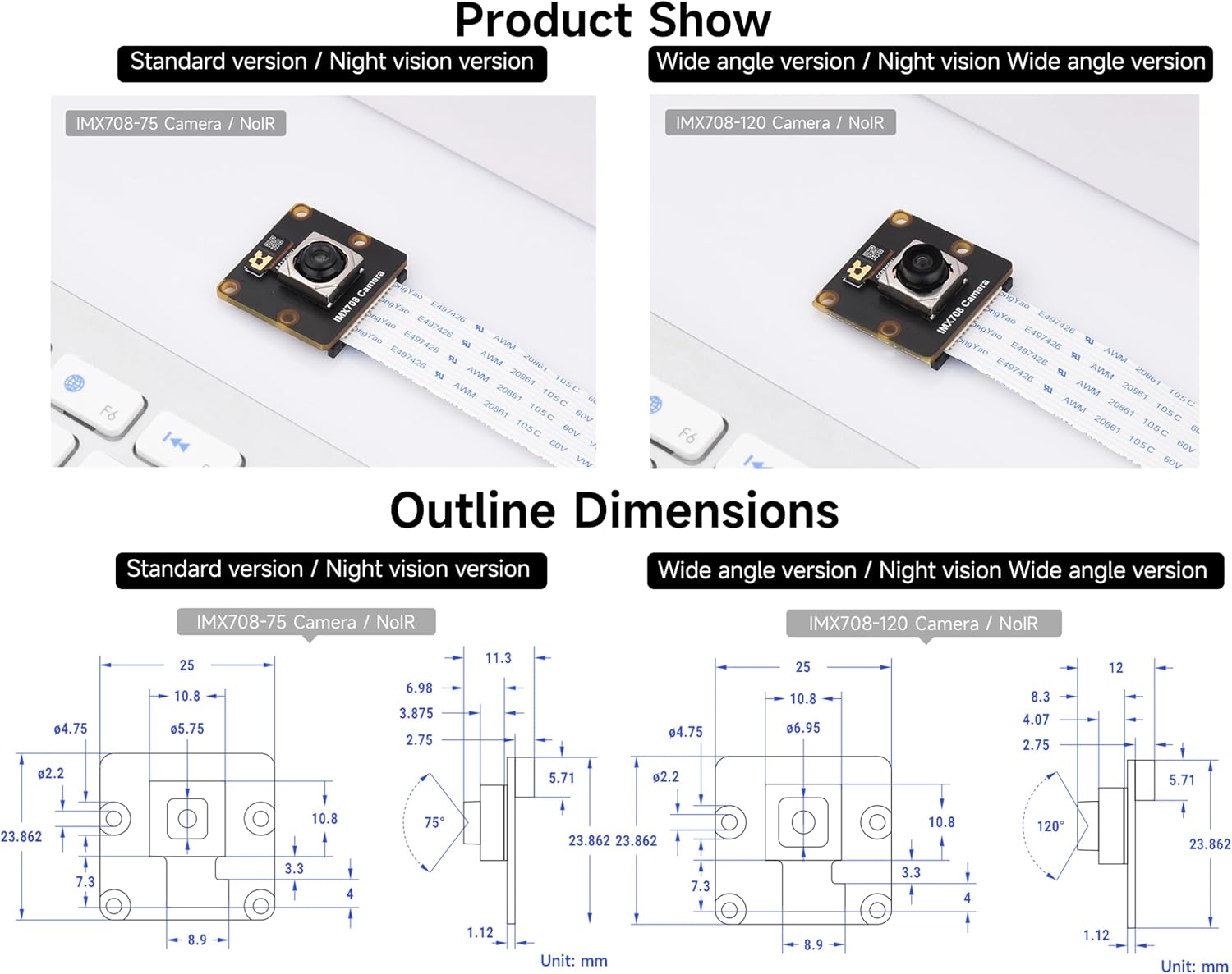 IMX708 12MP Camera Noir Compatible with Raspberry Pi 5/4B/3B+/3A+/3B/2B/B+/A+Zero 2 W/Zero, Auto-Focus, 75° FOV, Support High Dynamic Range (HDR), IMX708-75 Noir Night Vision
