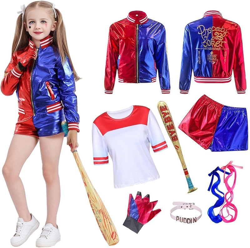 Moerstar Costume Halloween Bambina con Giacca T-shirt Parrucca Pantaloni Mazza Baseball Gonfiabile Guanti Set per Halloween Carnevale Cosplay