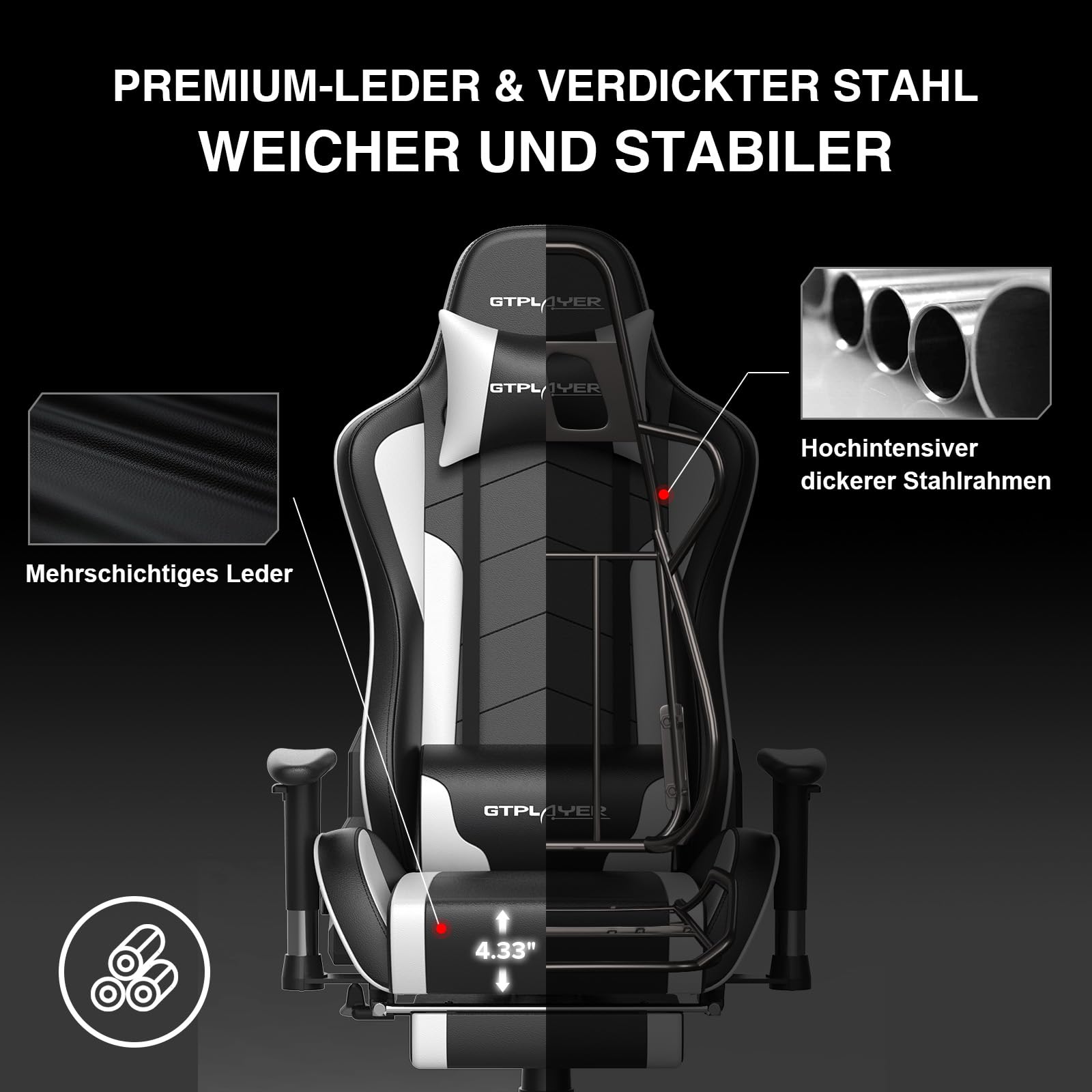 GTPLAYER Gaming Stuhl Gamer Stuhl mit Fußstütze Bluetooth Lautsprecher Ergonomischer Bürostuhl Computerstuhl Schreibtischstuhl PC Stuhl mit verstellbare Rückenlehne 150 kg Belastbarkeit weiß