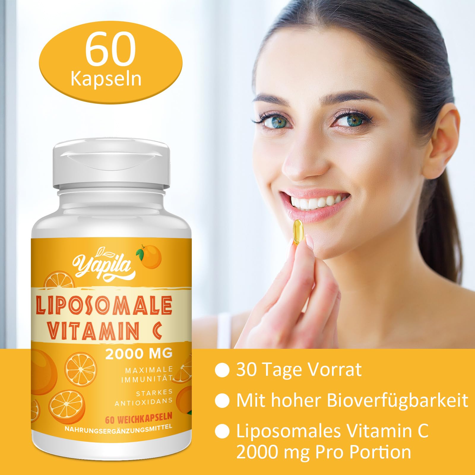 Liposomale Vitamin C Kapseln 2000mg, Maximale Absorption, Hochdosiertes Vit C, Ascorbinsäure, Antioxidantien-Ergänzung, Non-GMO, Soja-frei