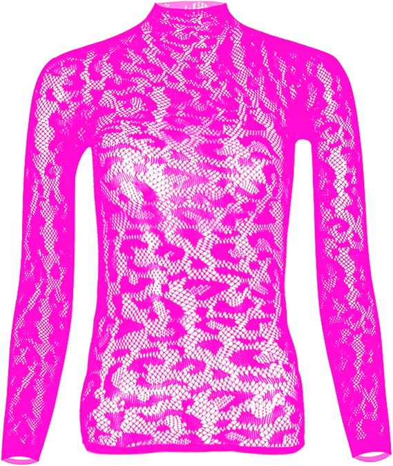 Women Sexy Leopard Print Lace Tops, Cheetah Patterned Long Sleeve Fishnet Mesh Bodycon Rave Party Shirts