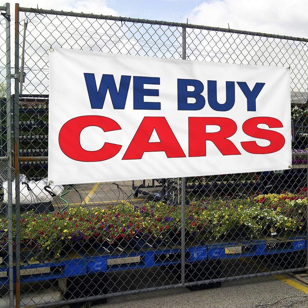 Vinyl Banner Multiple Sizes We Buy Cars Blue Red B Automotive Outdoor Weatherproof Industrial Yard Signs 4 Grommets 16x40Inches