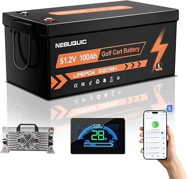 48V51.2V 100Ah LiFePO4 Lithium Battery for Golf Cart, 200A BMS 48 volt golf cart batteries with Bluetooth&APP Function, LCD Monitor Display, 48V 18A Charger, Peak Current 800A