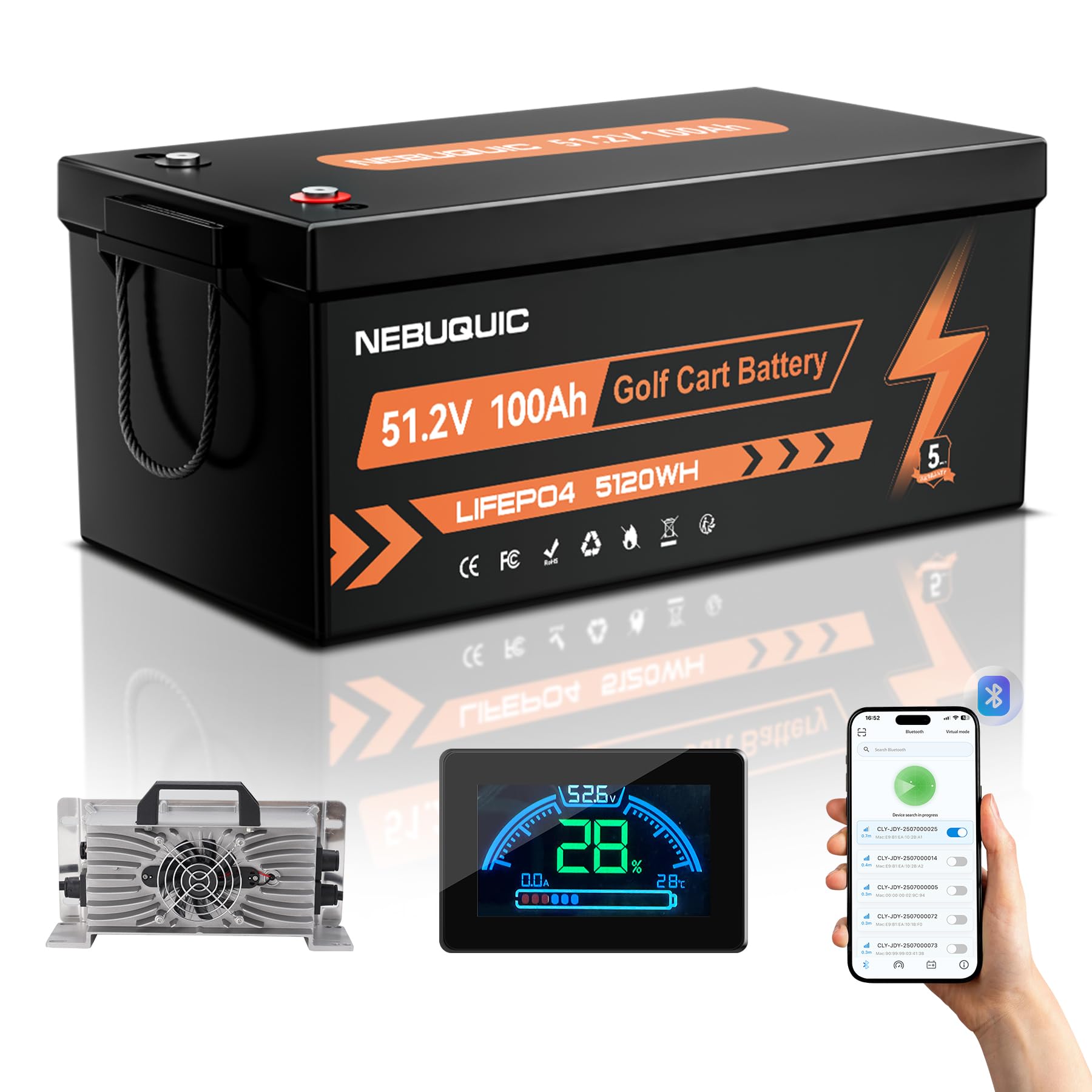 48V(51.2V) 100Ah LiFePO4 Lithium Battery for Golf Cart, 200A BMS 48 volt golf cart batteries with Bluetooth&amp;APP Function, LCD Monitor Display, 48V 18A Charger, Peak Current 800A