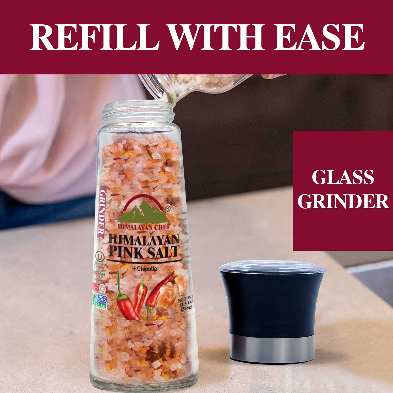 Himalayan Chef Pink Salt with Chipotle, Tall Glass Grinder, 10.58 Oz : Everything Else