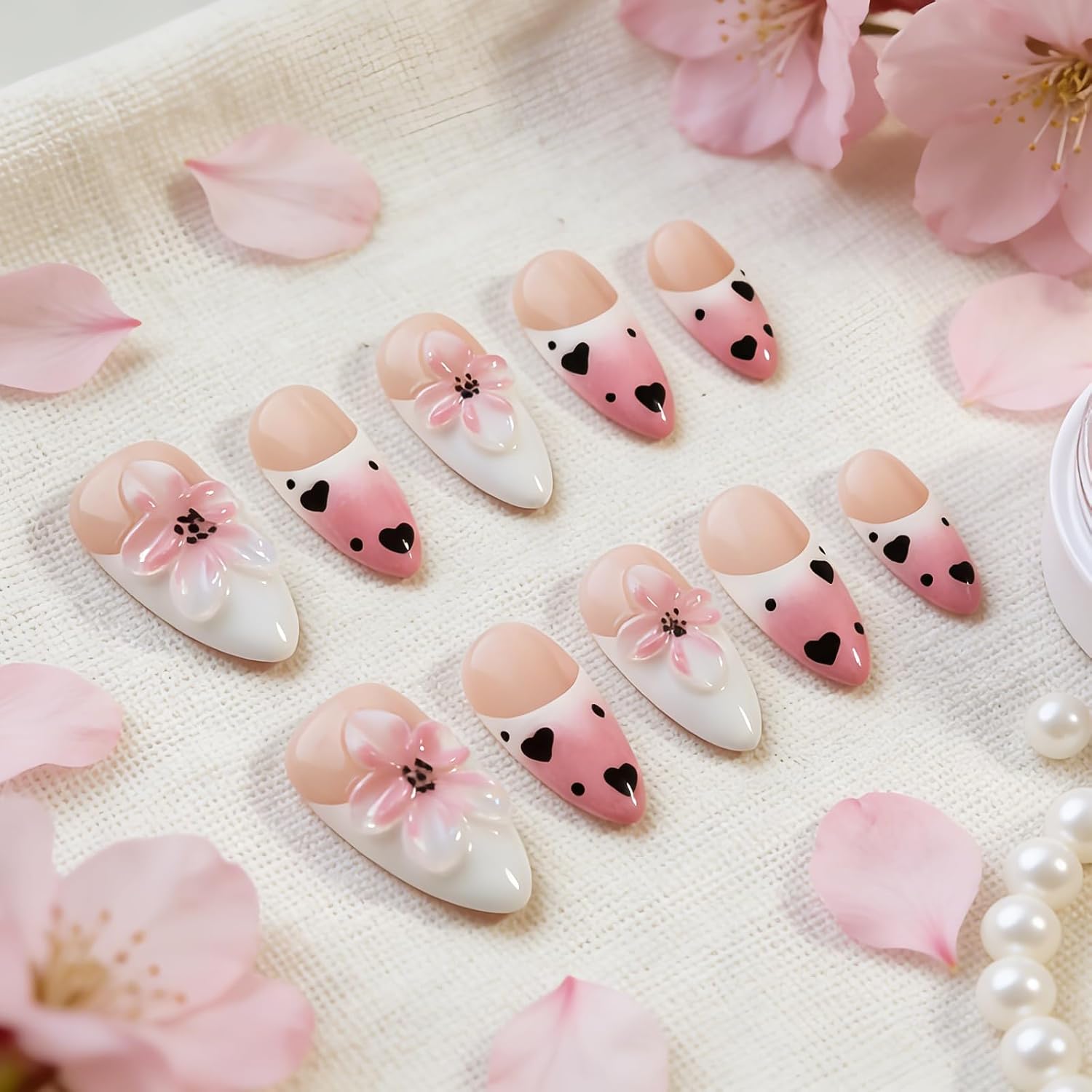 Handmade Press on Nails Almond Fake Nails with 3D Floral & Heart Design Reusable Full Cover Hand made Nails Kit – Luxury Pink Medium French Tip Glossy Acrylic for Women