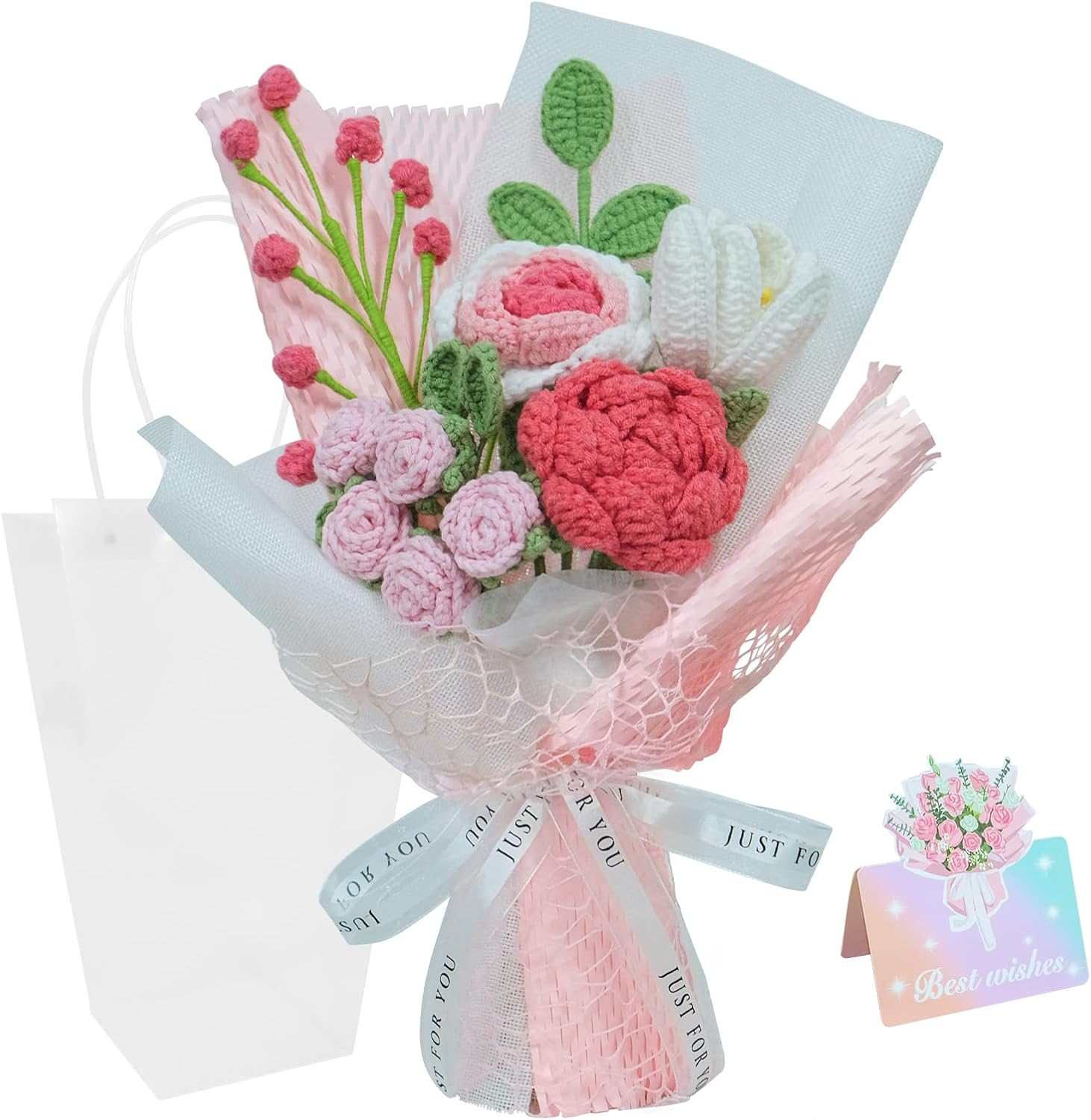 Crochet Flowers Bouquet,Handmade Luxurious Knitted Rose Tulips,Artificial Flower Bouquet, Anniversary,Lover,Graduation,Weddings,Birthday, Valentines Day (with Gift Bag&Card)