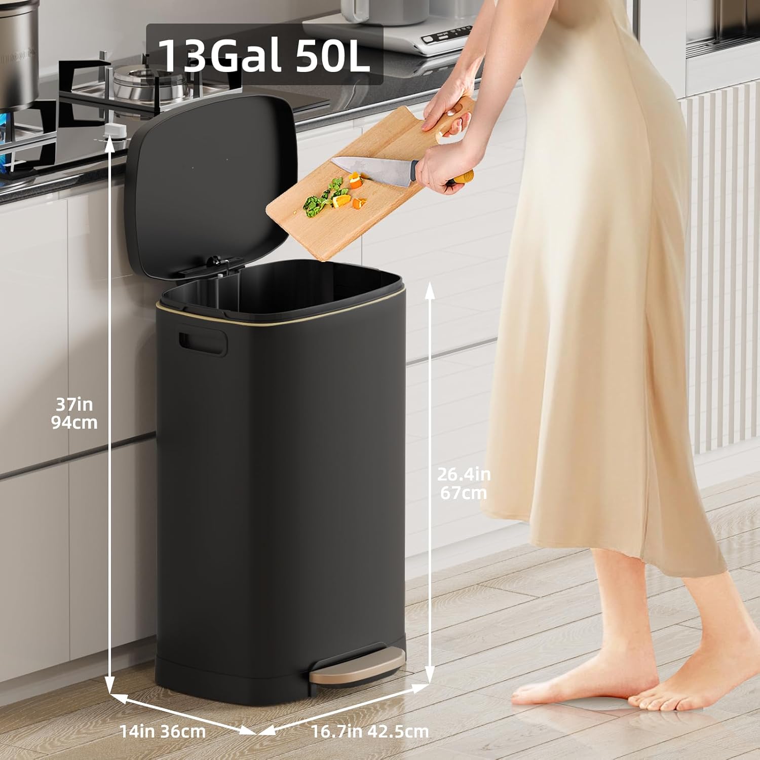 KUK 13 Gallon Kitchen Trash Can with Lid, 50L/13Gal Office Step Garbage Can for Home, Kitchen, Laundry Room, Office, Brushed Stainless Steel, Black - Image 2